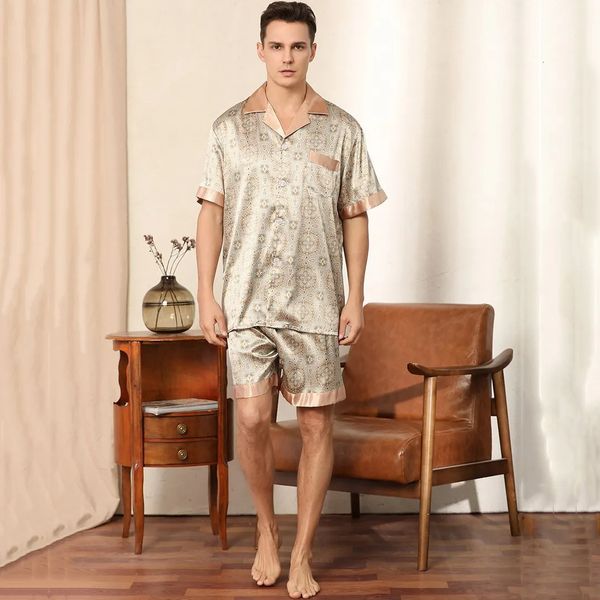 Весна лето ледяной шелк 2pcs пижамский костюм Sxxl Mens Loase Home Wear Fashion Print Шорты с коротким рукавом ночная одежда 240408