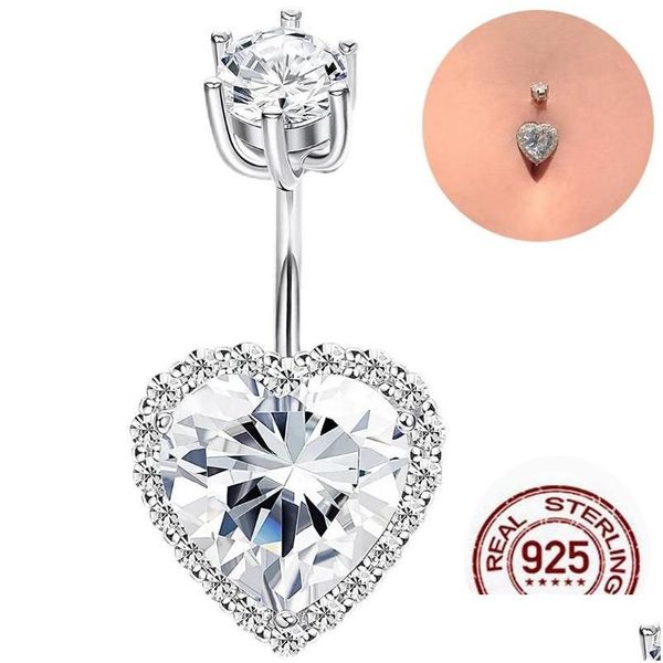 Pimler, Broşlar Takı 925 Sterling Sier Belly Düğme Yüzüğü Kadınlar İnce Kalp CZ Vücut Piercing 6 8 10 mm PIGNAB BAR ZIRCON TAŞLARI DROP D DHEJZ