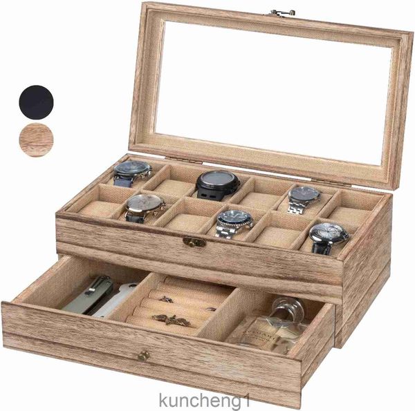 Wachkiste Watch Hülle für Männer Frauen mit großer Glasdeckel Holzzusehen Display Aufbewahrungsbox mit 2 - Schichten 12 - Slots Holzmänner Watch Box Organizer für Geschenk