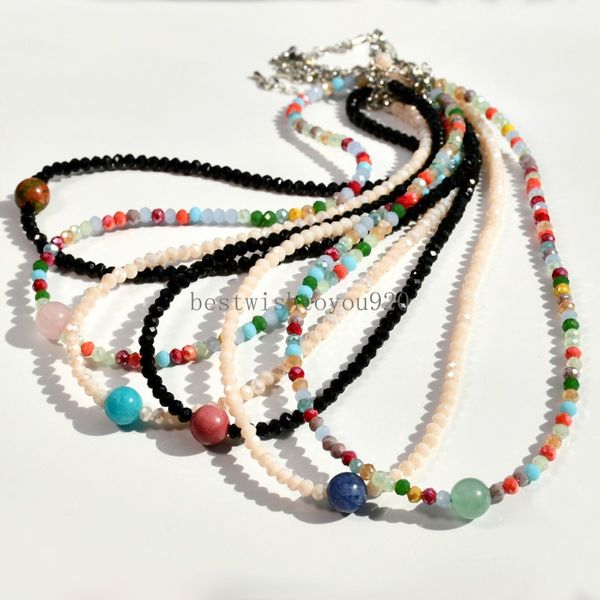 Buntes Glasperlen Halsketten Rosenquarz Amazonit Unakit Natural Stone Anhänger Bohemian Women Urlaub Schmuck