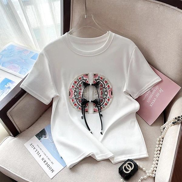 Damen T-Shirts Frauen O-Kollegar T-Shirts Sommer Quaste Blumenstickerei weibliche Tops T-Shirt Basis T-Shirt Clothing Chic Chic