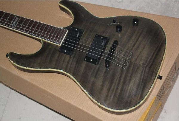 E s P Custom Shop Horizon Nt II Stbc Black Grey Flame Ahorn Maple Top E -Gitarre Abalone Weißer Mop -Körperbindungsstring durch Körper E4252514