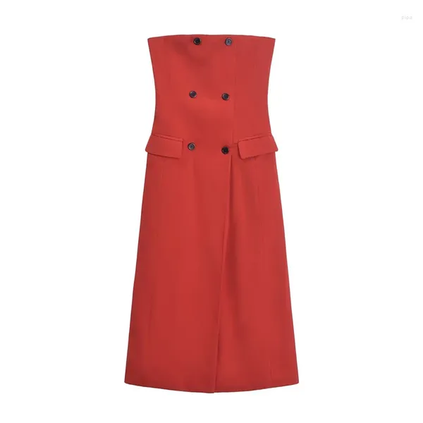 Lässige Kleider 2024 Frauen Red Fashion High Street Doppelbrustes Knopf BH Kleid Springautumn Vielseitiger Split Midi