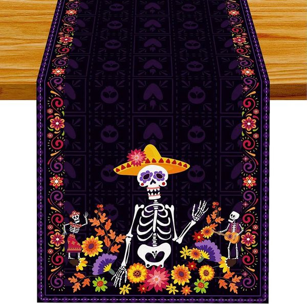 Dia do México do Mesa Dead Runners Runners Tabel Decor reutilizável Dia de Los Muertos Tabel Runners Decorações de Halloween 240325