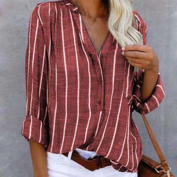 Camicette da donna camicia da donna a strisce singolo a strisce a strisce giù tunica top a manica a maniche lunghe a v-collo