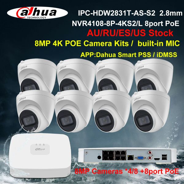 Sistem Dahua Güvenlik IP Kamera Sistemi 8MP 4K POE CCTV Kiti IPCHDW2831TASS2 NVR41088P4KS2 8CH NVR Kaydedici 4/8 Kameralar Yerleşik mikrofon