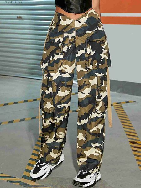 Frauen Jeans Y2K 2023 Frauen Fashion Strt Retro gegen Taille Camo Print Klappen Pocket Side Cargo Hosen Baggy gerade Bein Fallschirmhose Mujer Y240408