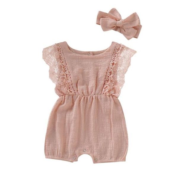 Sommer Baby Girl ROMPERS Neugeborene Baby Kleidung Kleinkind Flare Sleeve Solid Lace Design Strampler Jumpsuit mit Stirnband7134446