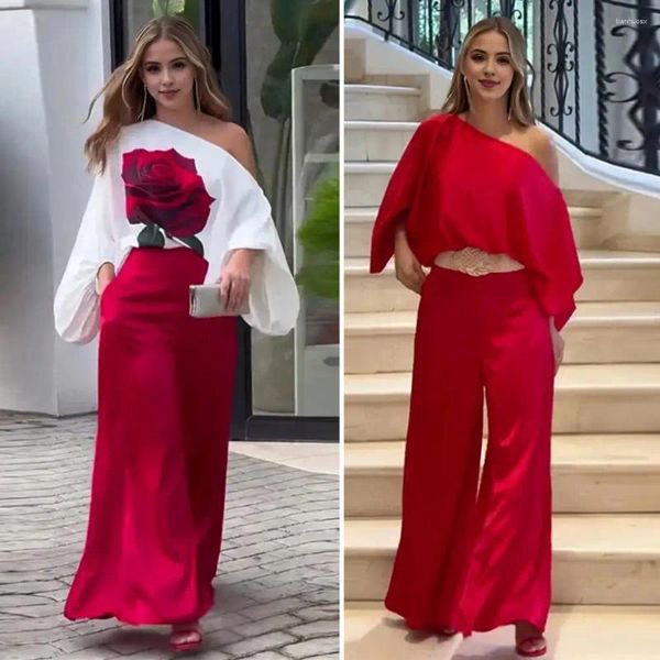 Running Sets Women Comuter Suit de traje elegante em 3d Rose Print Feminina Pontas de primeira linha com um design de um ombro Alta cintura larga perna as calças de perna para