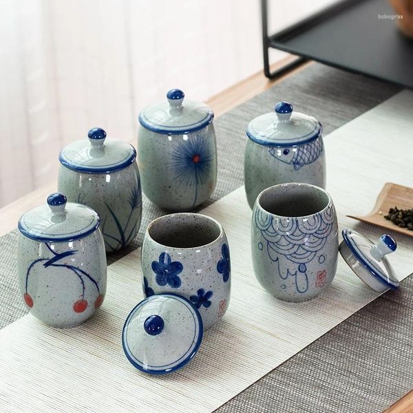 Tazze di piattini ceramica giapponese blu e bianco in porcellana set da tè dipinto a mano ciotola retrò maestro grande 180 ml