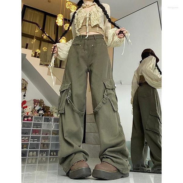 Jeans femininos WCFCX Studio Vintage Green Cargo Pants Mulheres Cantura alta bolso grande emendado Y2K Baggy Troushers