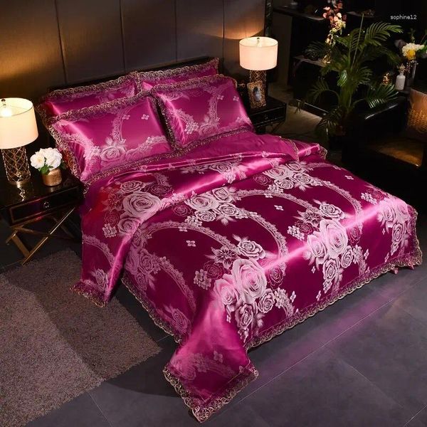 Bettwäsche Sets Drop Wedding Duvet Cover Set cremefarbene Jacquard Lace Lace Flat Sheet Pillowcase 4pcs Wein rote Blume