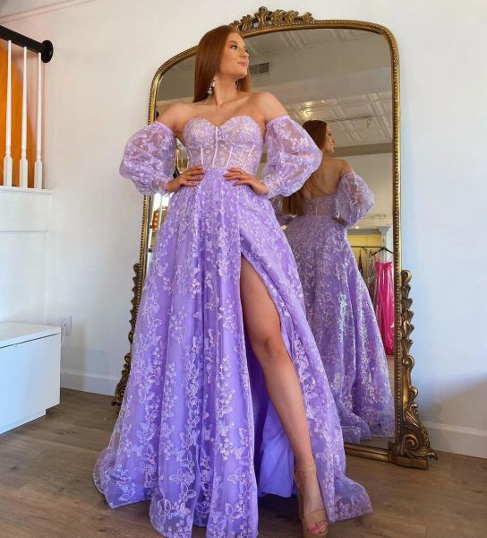 Vestidos, namorada, vestido de festa de festas longa e bordada 2022 Robe de Soiree de mangas destacáveis de lavanda de lavanda