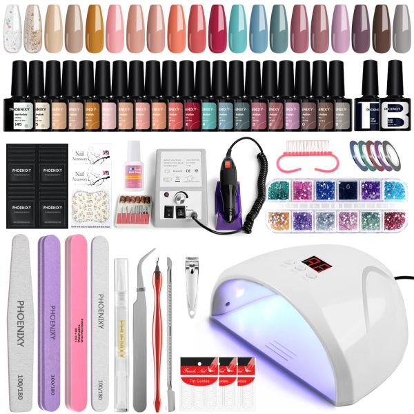 KITS PHOENIXY GEL PISPELLO DELLA UNICA SET con asciugacapelli per unghie Macchina per perforazione per unghie Semi permanente Gel Vernice Ustrimento per nail art completo kit