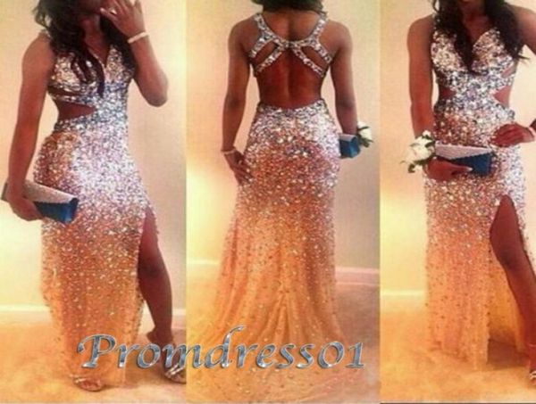 Luxus Perlen sexy Abschlussballkleider hochwertig leuchtende lange Abschlussball -Partykleider mit Cross Back Side Sace Formal Abendkleid für Wo3050399