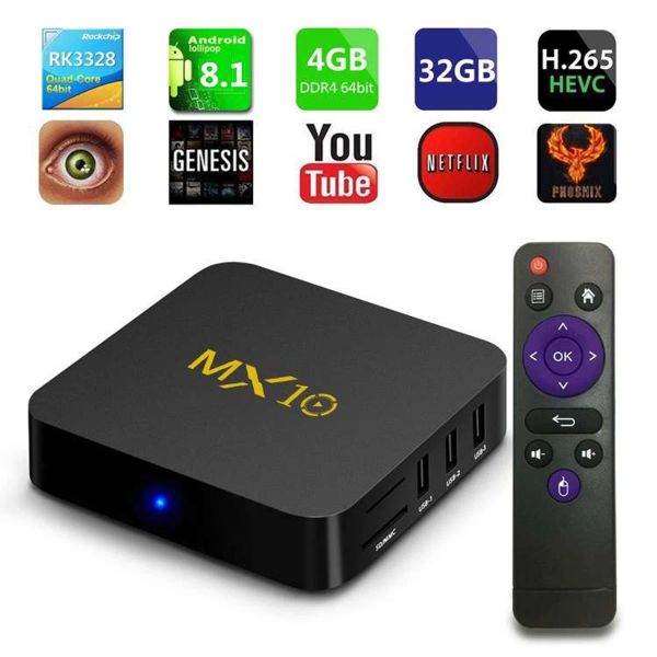 Box MX10 RK3328 Ultra HD 4K Imposta Top TV Box Smart Media Player con ROM da 4 GB di RAM da 32 GB per casa