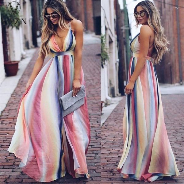 Abiti casual Vazn 2024 di alta qualità Europa e americana Chiffon Young Holiday Spaghetti Cinghia senza schienale Donne ad alta vita A-Line Maxi Dress