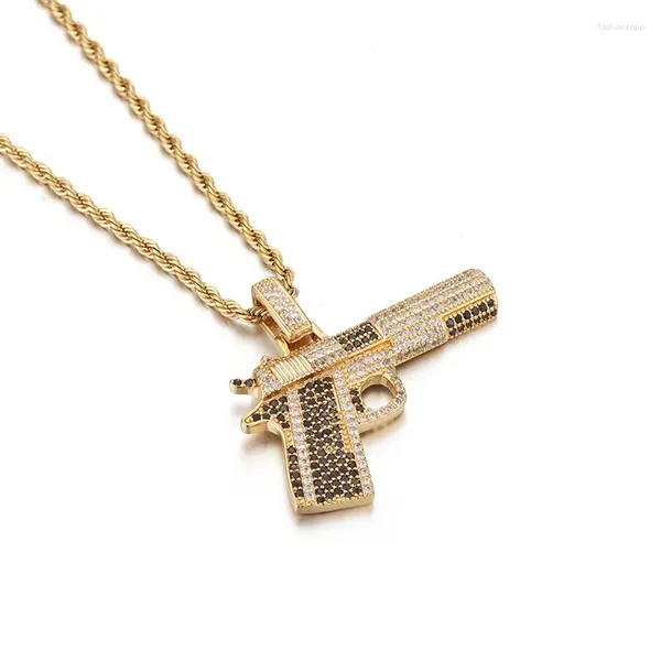 Colares pendentes Micro pavimentado de zircônia cúbica pavimentada Bling Out Pingents de pistola automática para homens Rapper Jewelry Gold Color
