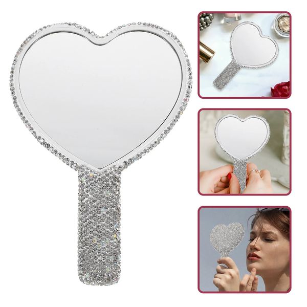 Specchio per trucco cristallino Vanity Light Hand Rhinestone con la borsa per trapano a forma di cuore Specchio a forma di cuore 240408