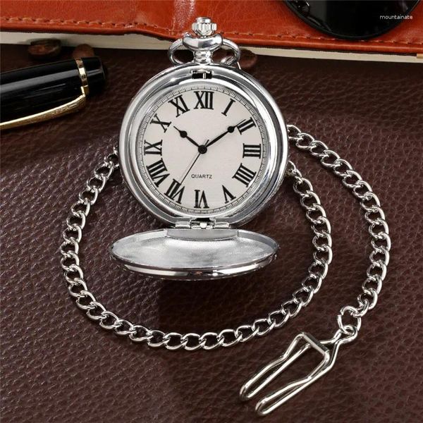 Pocket Watches Silver Smooth Smooth Número romano Display Quartz Analog Watch For Men Mulheres Colar Pingente Cadeia Reloj de Bolsillo Presente