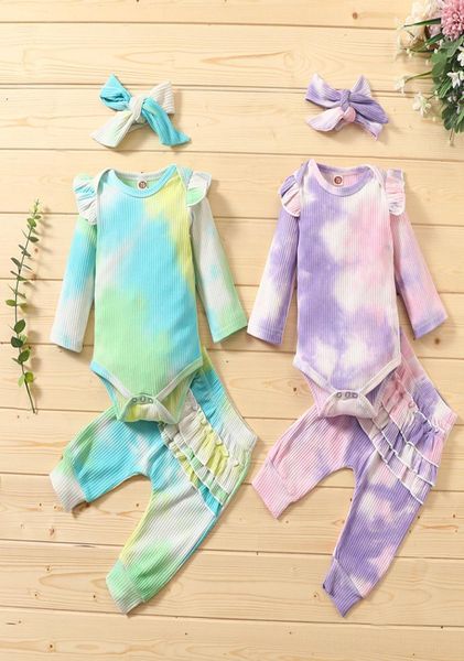 Babykleidung Kleidungsstück Set Langarm Strampler Hosen Bogen Stirnband 3 PCs Mode Säuglinge tragen Krawatten -Dye -Mädchen -Outfit mit Head Band2218081