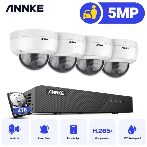 Sistema Annke 5MP Poe IP Security Camera System 4pcs câmeras de cúpula 6MP NVR Visão noturna micro