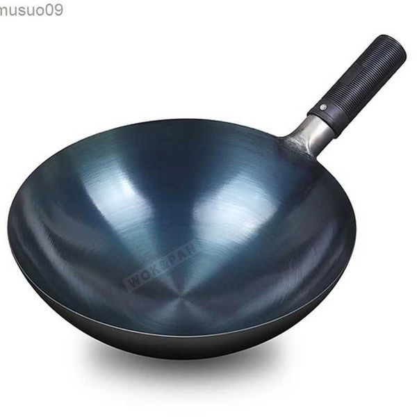 PANES 32/34CM Tempero Blue Iron Wok não revestido aço inoxidável Luz de luz Classic Chef Wok Outdoor Kitchen Gas stovel2403