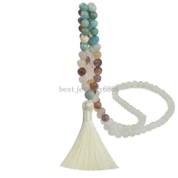 108 Mala Perlen Lange Halskette Boho bunte Turmaline Natural Amazonit Stone Onyx Quasten Pendell