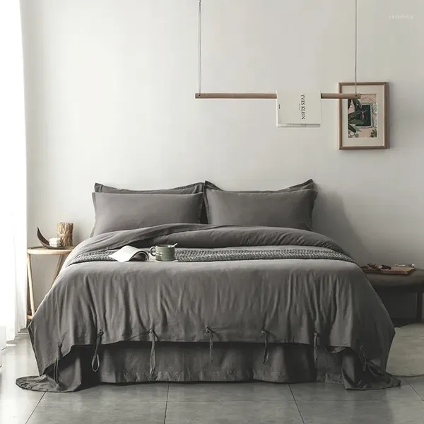 Set di biancheria da letto marrone grigio solido 55%cotone 45%copripiumino in lino con corde da 4/6pcs morbido buon drappeggio con piumino seta