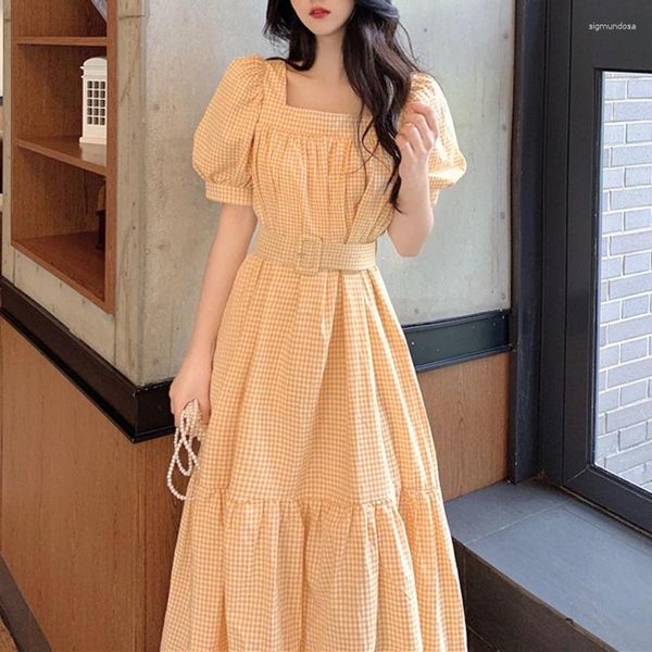 Abiti da festa Vintage Free Belt Woman Summer Elegant Korea Court Style Collar Cotton Plaid Abito lungo Abito retrò 2024 Vestidos Kleid