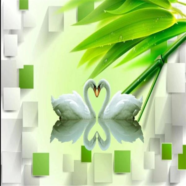 Tapeten 3D Stereo Box Romantische Schwanen Hintergrund Wanddekoration Gemälde Grüne Bambus Tapete