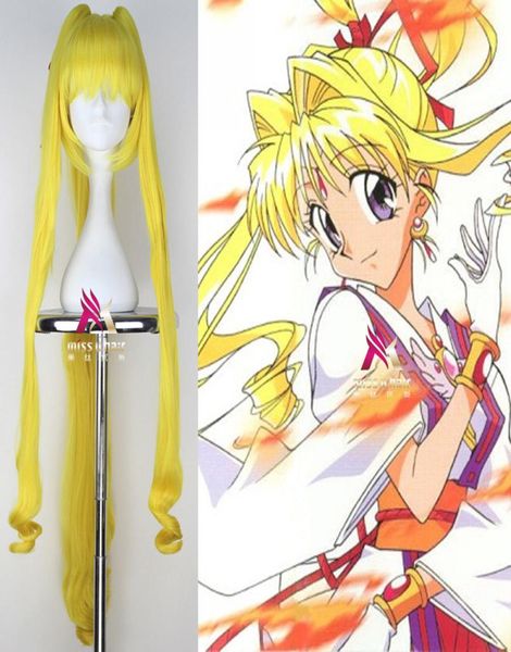 Kamikaze Kaitou Jeanne Extra Long Curly YWllow Farbe mit Ponytails Cosplay Wig3139186