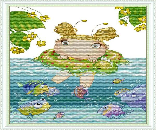 O Leprechaun aprende a nadar decoração de pintura à mão handmade cross stitch bordando kits de bordado de bordado contado impressão na tela dmc 14ct 11ct9036397