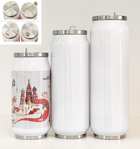 Caneca de sublimação diy 9 12 15 onças de lata de cola com 2 tipos tampas de transferência de calor branco latas de coque de aço inoxidável