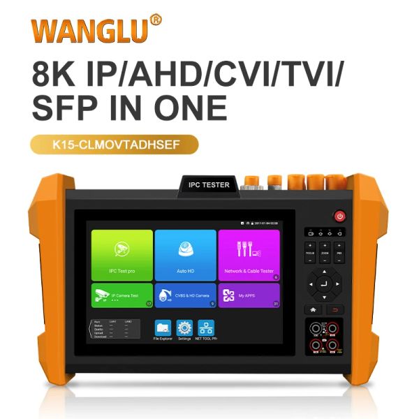 Anzeige Wanglu 8K H.265 Multifunktion 7 Zoll CCTV -Tester SFP Optical Modul AHD CVI TVI SDI -Farbbalkengenerator alle in einem IPC -Tester