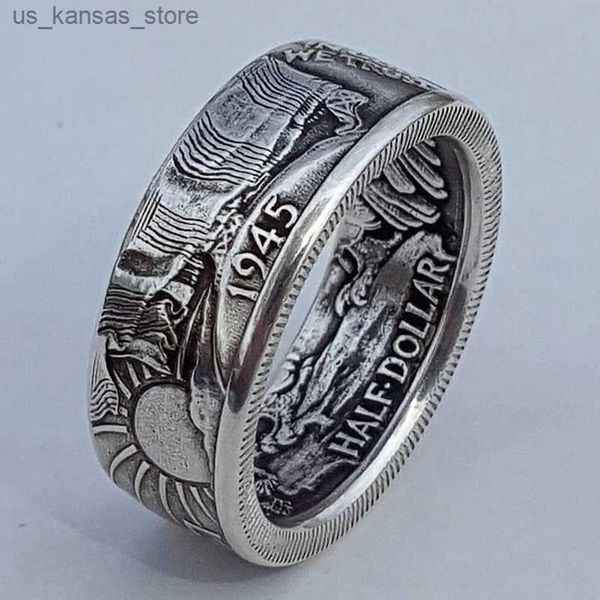 Кластерные кольца Huitan New US 1945 г. Половина доллара мужчины кольца Помятный подарок для парня винтажная вечеринка в ручной работе мужское кольцо выбросить судоходство 240408