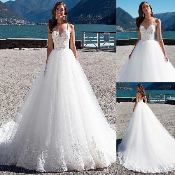 Abiti favolosi in goccia di raso spaghetti cinghie ad aline abiti da sposa con applique di pizzo in rilievo puro abiti da sposa bianchi puri