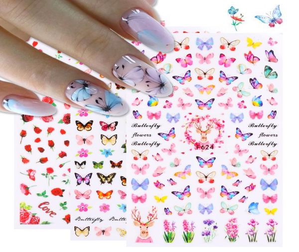 Adesivos de unhas de butterfly deslizantes em 3d Flores coloridas adesivas de rosa vermelha Decalques de manicure pregos folhas de tatuagem de tatuagem NP0035659738