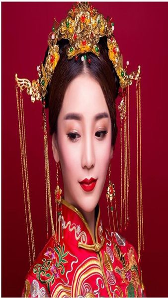 Blaue Prinzessin Braut Hochzeitskleid Show Chinese Retro Kleid Kleid Dragon Hair Coronet wo Kostümanzug Kopfbedeckung Accessoires5115758