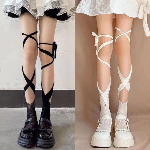 Kadın Çoraplar Harajuku Orta Tüp Ayak Toe Kadınlar Strappy Dantel Fishnet Çorapları Lolita Diz JK Etek Çapraz Kayışlar Buzağı Çorap