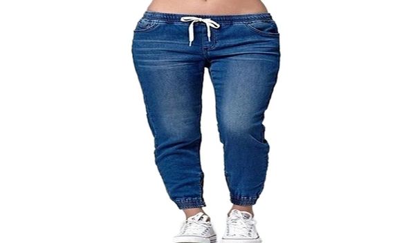 Mulheres calças casuais calças de jeans elástica de cordão de cordão