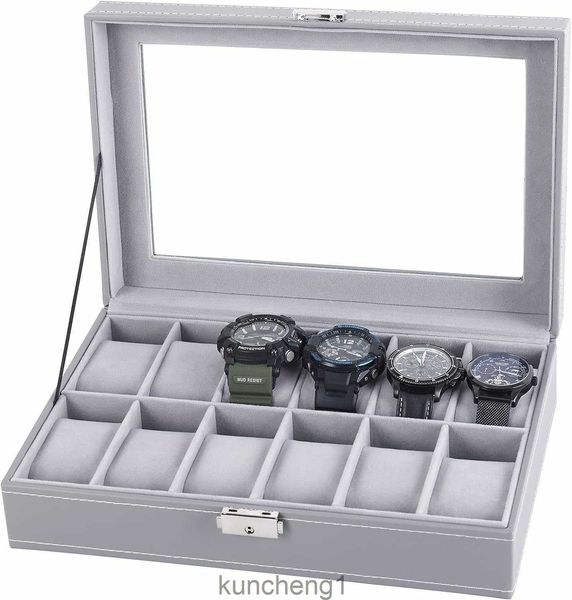 Liantral Watch Box 12-Slot Leder Watch Case Organizer Uhrenhalter für Männer Glass Top (grau)