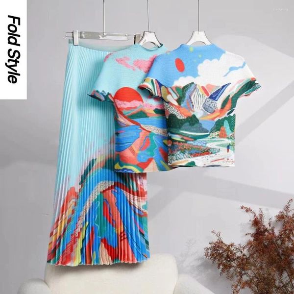 Vestidos de trabalho miyake com babou a t-shirt de manga curta impressão de verão top fino meio corpo corporar saia de balanço grande desgaste feminino