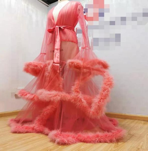 Rosa Nachtwäsche für Po Shoot sexy Robe Frauen POgraphie Requisiten maßgeschneiderte Illusion Tüll mit Pelz echtes Bild Nightdress7813183