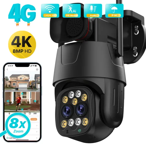 Kameralar 8MP HD 4G SIM Kart IP Kamera WiFi Dış Mekan 8x Zoom Çift Lens AI İnsan İzleme Kablosuz Güvenlik CCTV Video Gözetim Kamerası