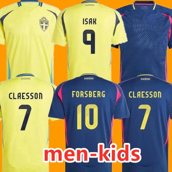 2024 Suécia Larsson Mens Soccer Jerseys Seleção Nacional Nanasi Dahlin Brolin Ingesson Casa Amarelo Afaste Blue Adulto Camisas Uniformes Men Kit de Crianças