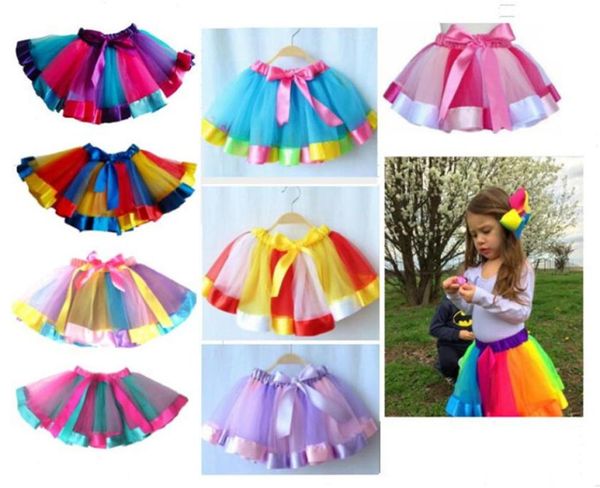 Meninas infantis Vestido de tutu de verão cor de arco -íris com fita de seda