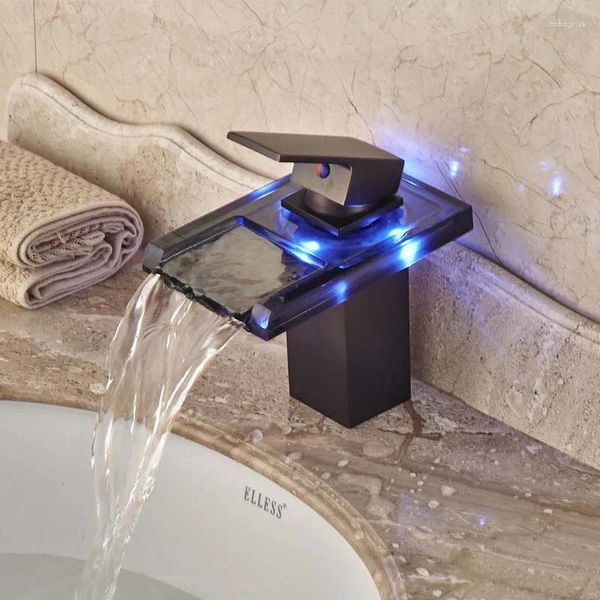 Banyo Lavabo muslukları LED açık kare cam şelale havzası musluk yağı ovulmuş bronz mikser vanity Torneira Banheiro Cozinha