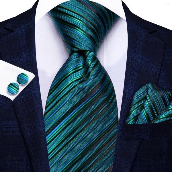 Bow Binds Hi-Tie Striped Green Blue Herren 8,5 cm Jacquard Krawatte Accessoires Daily Wear Cravat Hochzeitsfeier Hanky Cufflink Set