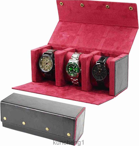 Guarda la custodia da viaggio per uomini e donne orologi portatile 3 organizzatore di archiviazione per orologi in pelle con velluto da uomo regalo per orologio da uomo - nero